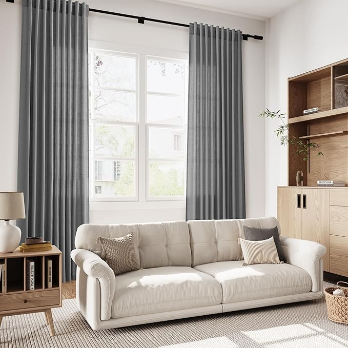 Nanspring Blazer Grey Curtains Linen Blend Light Filtering Back Tab Curtain 84 Inches Long, Semi Sheer Privacy Drapes for Living Room & Bedroom,Simple Style 52x84 inch, 2 Panels