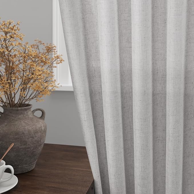 Nanspring Grey Linen Boho Curtains for Bedroom Back Tab Rod Pocket Semi Sheer Curtains 90 Inches Long 2 Panel Set Light Filtering Neutral Farmhouse Lightweight Drapes for Living Room 40x90