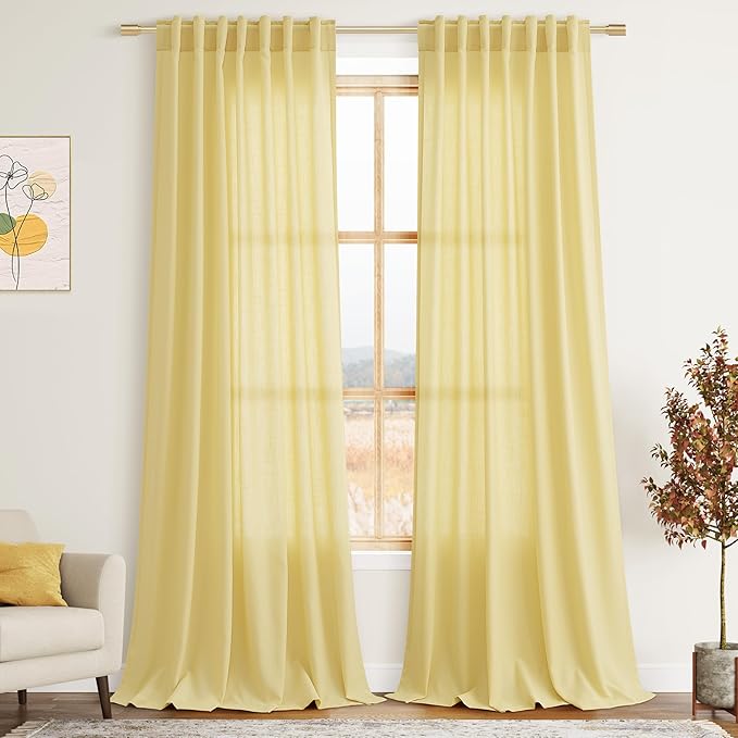 Yellow Linen Curtains 100 inches Long for Bedroom Back Tab Light Filtering Privacy Sheer Yellow Curtains Modern Farmhouse Coastal Decor Cotton Textured Curtain for Living Room 2 Panel Set 52x100