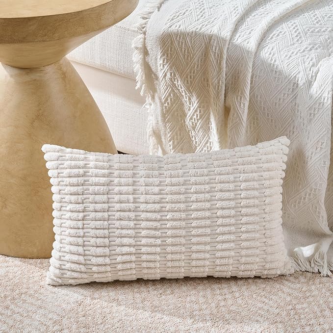Fancy Homi Set of 4 Grey and White Lumbar Rectangle Decorative Throw Pillow Covers 16x24 Inch for Couch Bed Chair, Aesthetic Boho Room Decor, Soft Fuzzy Thick Corduroy Textured Cushion Case 40x60cm