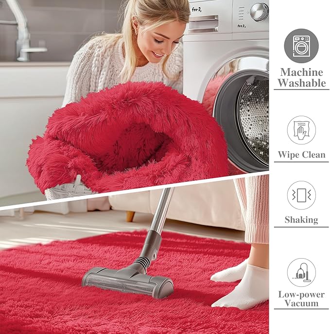 OLANLY 5x8 Machine Washable Large Area Rugs for Living Room, Bedroom, Soft Fluffy Shaggy Bedside Rug, Indoor Floor Carpet for Kids Girls and Boys, Dorms, Nursery, Home Decor Aesthetic, Red