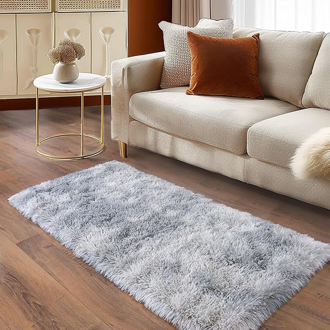 Ultra Soft Runner Rugs for Bedroom Hallways with Upgraded Non-Slip Rubber Backing & Thick Memory Sponge, 2 Packs 2x4 Feet Fluffy Shag Throw Area Rug for Bedside Dorm Tie-dye Light Grey