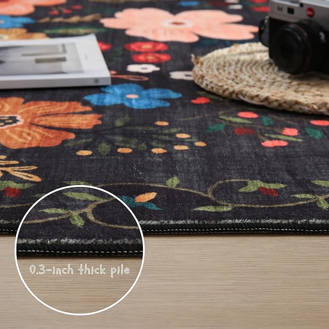Rugcomf Runner Rug for Hallways Kitchen Rug Non Slip 2'6''x8' Washable Runner Rugs with Rubber Backing Soft Floral Carpet Runner for Hallways, Kitchen, Laundry, Bedroom, Bathroom(Black)