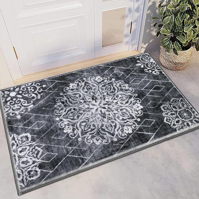 HEBE Washable Area Rug - 2'x3' Non Slip Soft Distressed Medallion Bedroom Boho Living Room Accent Throw Vintage Entry Floor Carpet for Dining Room Bathroom Entryway