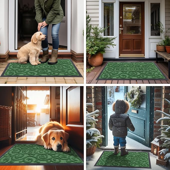 Smiry Welcome Door Mat Outside Entrance, Heavy Duty Trap Dirt and Moisture Easy Clean Low Profile Patio Porch Indoor Outdoor Front Doormat for Entry, 29.5x17 Inch, Green
