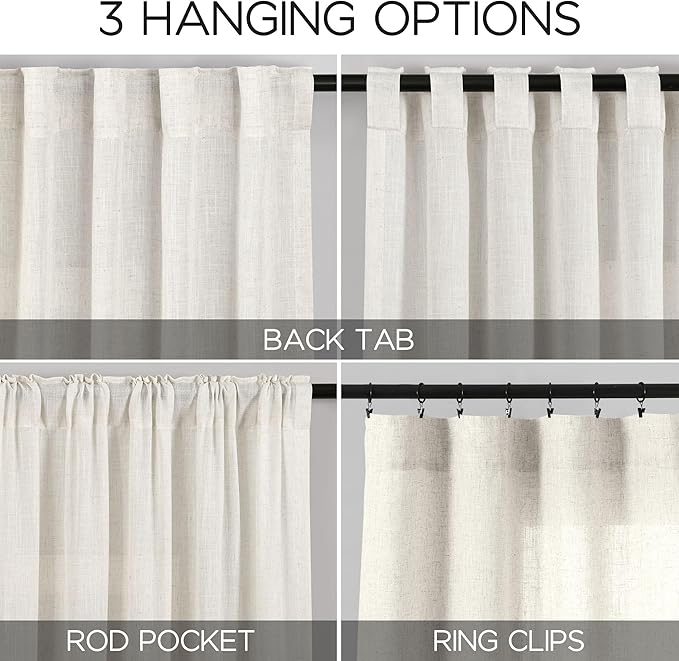 Cream Semi Sheer Curtains 96 Inches Long Back Tab Pocket Ivory Linen Living Room Curtain 2 Panel Sets Light Filtering Luxury Drapes Boho Farmhouse Room Curtains for Bedroom Aesthetic 8Ft 40x96