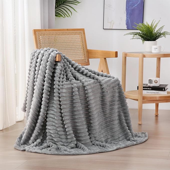 Grey Fleece Throw Blanket 60”×80” for Couch Sofa Bed,Super Soft Cozy Plush Microfiber Flannel Blanket with Stripes Design Lightweight for Adults,Woman,Girls