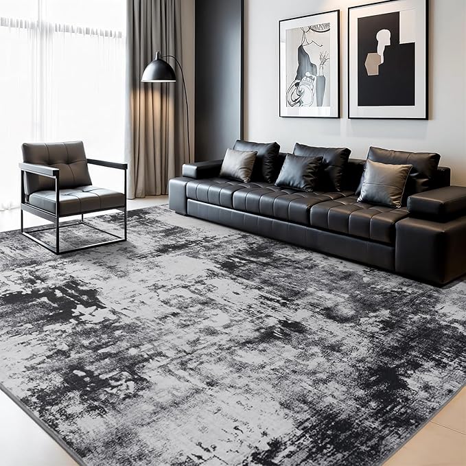 Rugflix 9x12 Area Rugs for Living Room, Washable Large Rug Stain-Resistant Low Pile, Modern Dark Carpet for Dining Room Home Office Kid Room Nursery Bedroom, Black Grey
