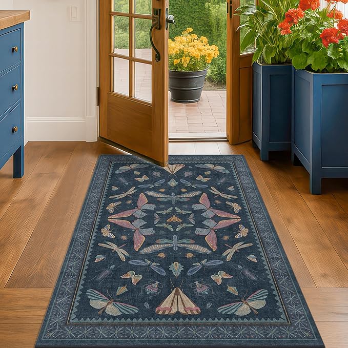 Washable 3x5 Indoor Rugs for Entryway, Non Slip Vintage Area Rug for Kitchen Floor, Laundry Room, Blue Bedroom Carpet with Insect Pattern, Dark Boho Décor Indoor, Stain Resistant Mat