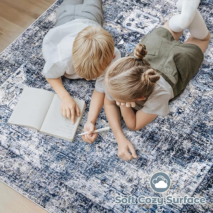 Area Rug 6x9 Washable Rug, Vintage Boho Medallion Rugs Non-Slip Soft Low Pile Large Distressed Rug Indoor Retro Carpet for Living Room Bedroom Dining Room Home Office (Blue, 6'x9')