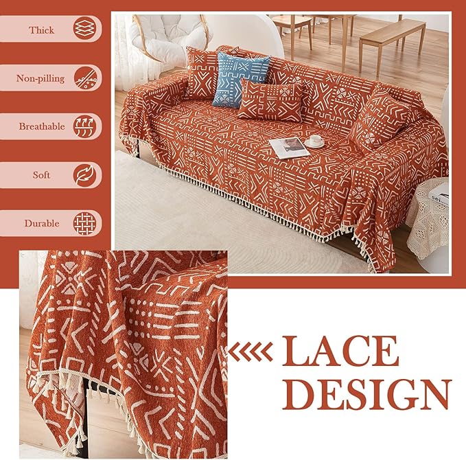 HANDONTIME Boho Aztec Sofa Slipcover for Sofa/Couch Farmhouse Geometric Couch Protector for Dogs with Tassel Brick Orange Couch Covers Sofa Cover for Dogs Cats Kids Bohemian Sofa Décor, 71" X134"