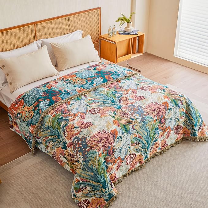 MSGKV Boho Throw Blanket for Couch 100% Cotton Floral Blanket 50"x60" Sofa Bed Chair Blanket All Seasons Farmhouse Muslin Spring Breathable Lightweight Blankets Home Decor