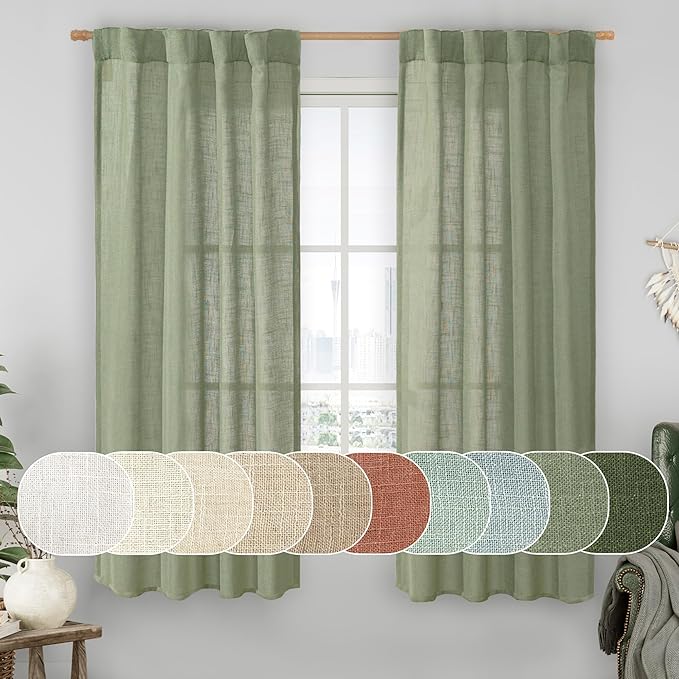 LAMIT 60 Inch Length Window Linen Curtains, Light Filtering Panels Back Tab and Rod Pocket Neutral Drapes for Bedroom/Living Room, Sage Green, 2 Panels, 34 x 60 Inch