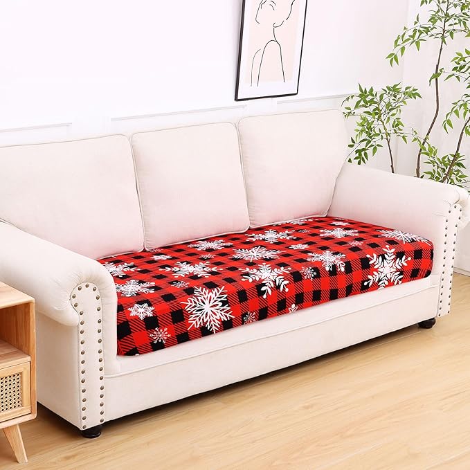 hyha Printed Couch Cushion Covers, Floral Sofa Covers Washable for 3 Cushion Couch, Stretch Pattern Outdoor Cushion Covers for Patio Furniture with Elastic Bottom(Large, Checkered Snowflake)