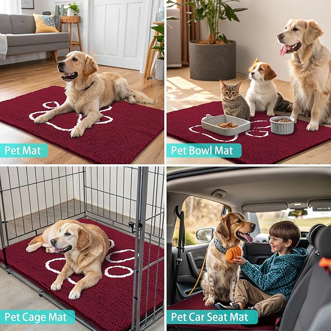 Smiry Dog Door Mat for Muddy Paws, Absorbent Dirt Trapper Non Slip Quick Dry Washable Chenille Mat for Mud Dogs, Entry Rug for Indoor and Outdoor (40x32 Inches, Burgundy and White)