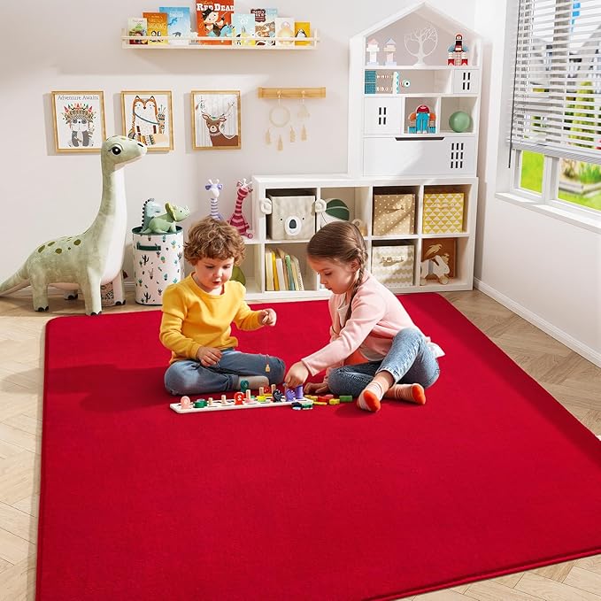 Amearea 5x5 Square Area Rugs for Bedroom Living Room, Modern Red Thickened Memory Foam Rug, Fluffy Indoor Washable Rugs Non Slip Minimalist Carpet for Kids Boys Girls Dorm Nursery Room Decor