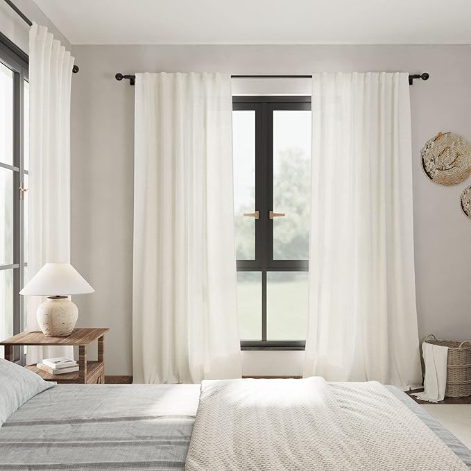 Cream Linen Curtains 96 Inches Long 2 Panels Set Back Tab Rod Pocket Semi Sheer Light Filtering Window Curtain Drapes Neutral Boho Aesthetic Long Curtains for Living Room Bedroom Decor 42x96