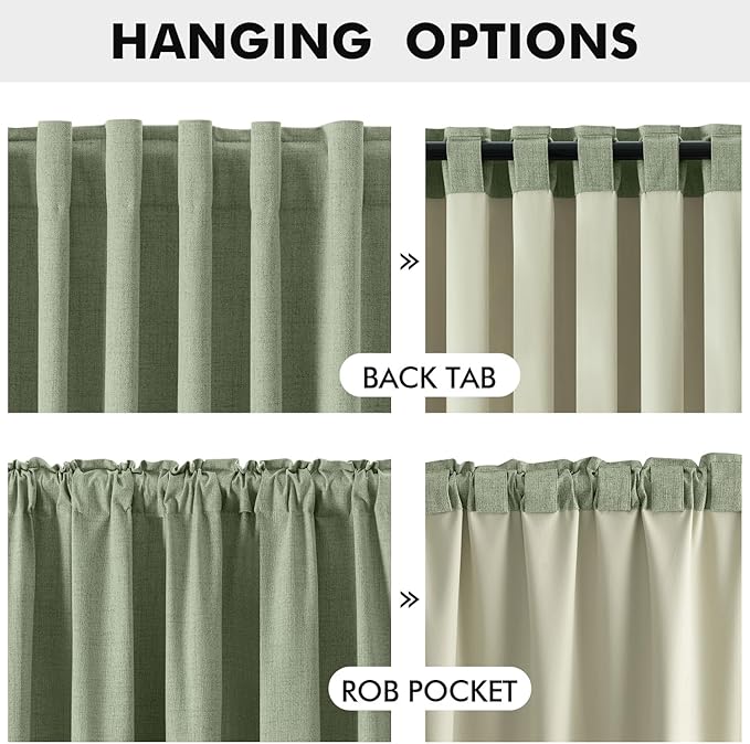 MIULEE 100% Blackout Linen Curtains for Bedroom, Sage Green Solid Luxury Decor Thermal Insulation Room Darkening Drapes for Living Room Nursery Back Tab Rod Pocket 42 x 63 Inches, 2 Panels