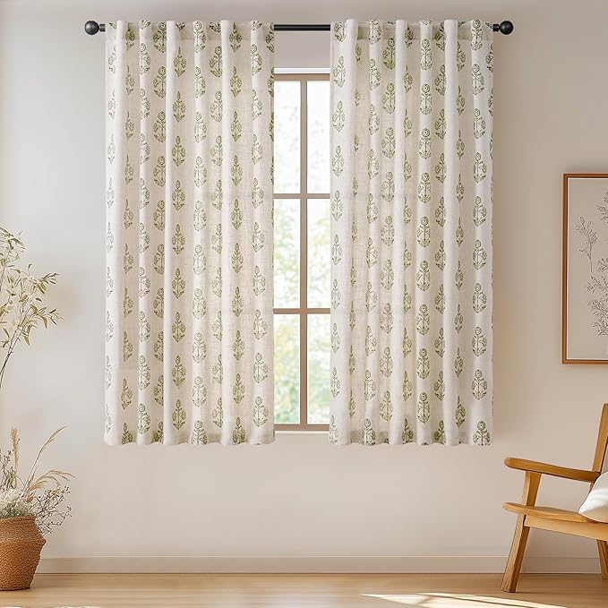jinchan Linen Floral Curtains for Living Room 63 Inch Length Green Flower Cottage Core Farmhouse Curtains Rod Pocket Back Tab Boho Semi Sheer Window Drapes Bedroom Set 2 Panels Green on Beige