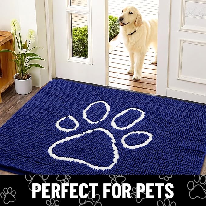 Smiry Dog Door Mat for Muddy Paws, Absorbent Dirt Trapper Non Slip Quick Dry Washable Chenille Mat for Mud Dogs, Entry Rug for Indoor and Outdoor (24x16 Inches, Navy Blue and White)