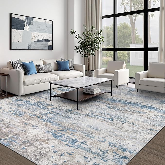 pmtsns Area Rugs 10x14 Living Room: Washable Rug Modern Abstract Neutral Soft Non-Slip Low-Pile Indoor Large Carpet for Bedroom Dining Room Playroom Home Office (Light Blue Brown, 10'x14')