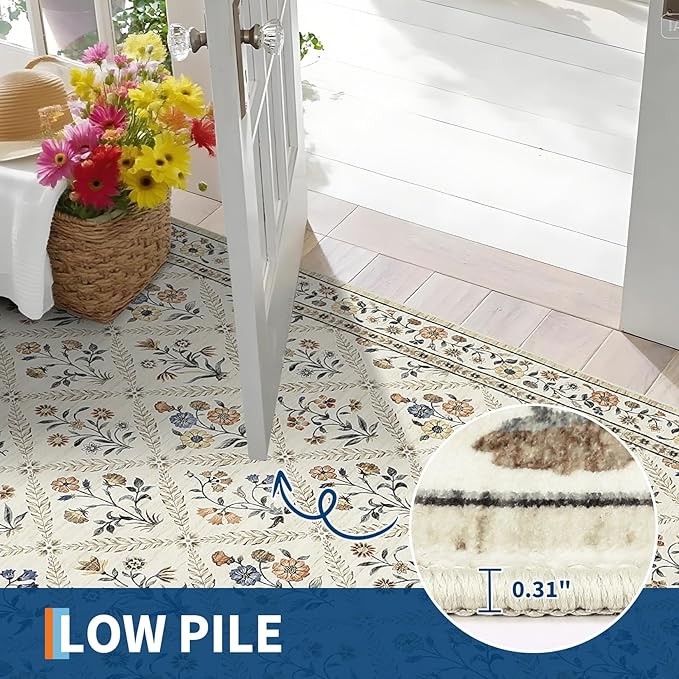 Runner Rug for Hallway Entryway 2.5x8 Farmhouse Floral Non-Slip Machine Washable Kitchen Rug Runner Non-Shedding Low-Pile Soft Long Carpet for Entrance Laundry Room Beige