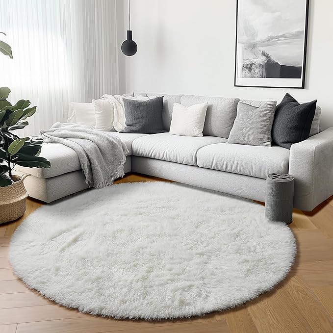 ONASAR Cream White Round Area Rugs 6ft, Fluffy Soft Bedroom Circle Rug Floor Mat for Kids Girls Boys Teen Room, Fuzzy Plush Shaggy Carpet for Baby Nursery Living Room Playroom Dorm Home Decor