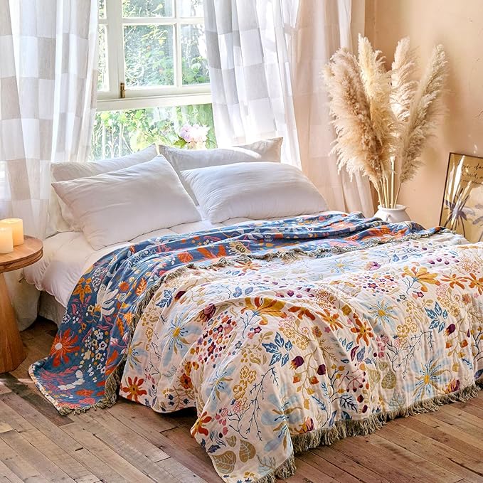MSGKV Boho Throw Blanket for Bed 100% Cotton Floral Twin Size Couch Blanket 60"x80" Muslin Spring Breathable Lightweight Farmhouse Blankets All Seasons