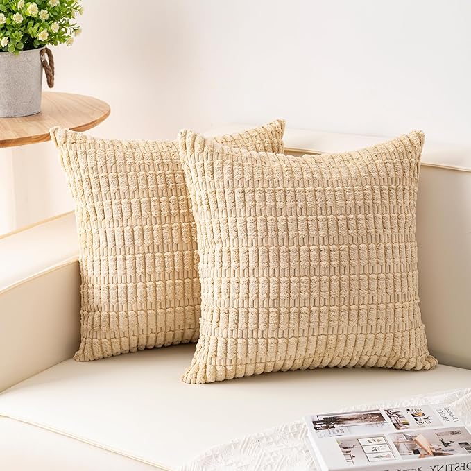 Pack of 2 Corduroy Decorative Throw Pillow Covers 22x22 Inch Soft Striped Pillow Covers Modern Farmhouse Home Decor for Sofa Living Room Couch Bed（Beige）