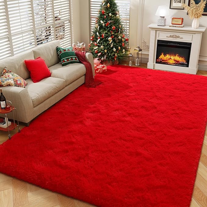 Amearea Shag Fluffy Area Rug for Bedroom Girls Living Room, Extra Soft and Fuzzy Shaggy Rugs, Non Slip, Solid Color Carpet Mat for Boys Nursery Home, Red 5x8 Feet