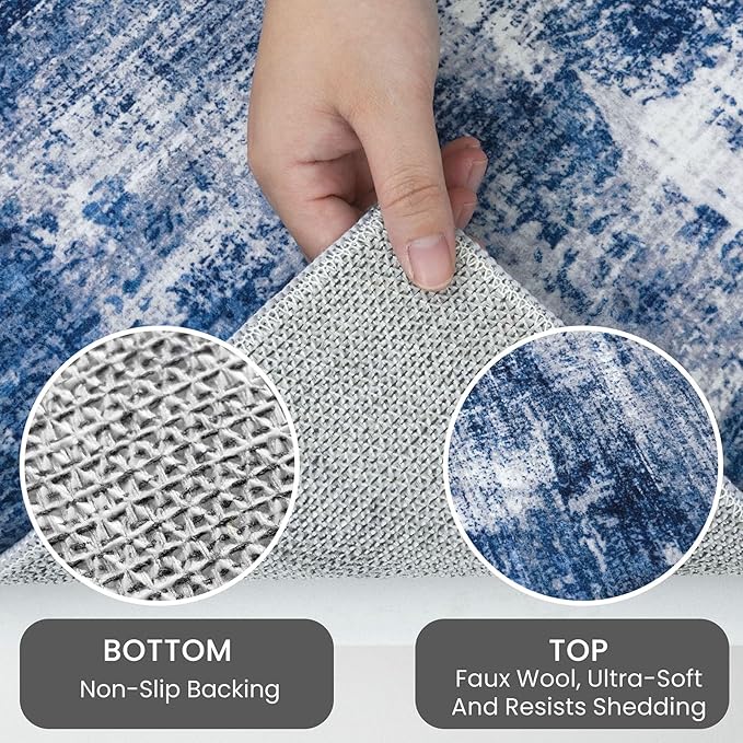 IOHOUZE Abstract Runner Rug 2x7 Ft Washable Runners for Hallways, Non Slip Kitchen Runner Printed Faux Wool Entryway Runners Indoor, Modern Abstract Floor Carpet for Hall Kitchen Bedroom, Navy/Grey