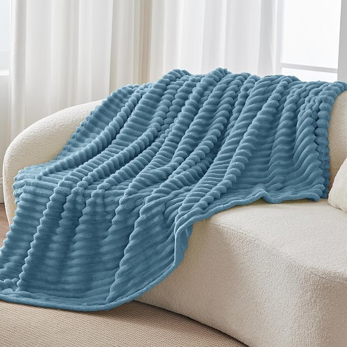 BEDELITE Fleece Blue Throw Blanket for Couch - 300GSM Soft & Warm Fluffy Blue Blanket, Decorative and Giftable Striped Blankets for Women, Men, 50"x60"