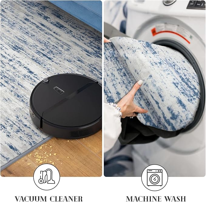 Lansny Modern Abstract Entryway Rug Indoor 2x3 Washable Rug Non-Slip Soft Small Area Rug Blue White Kitchen Mats Thin Print Faux Wool Floor Carpet Throw Rugs for Entrance Bedroom Office Home Decor
