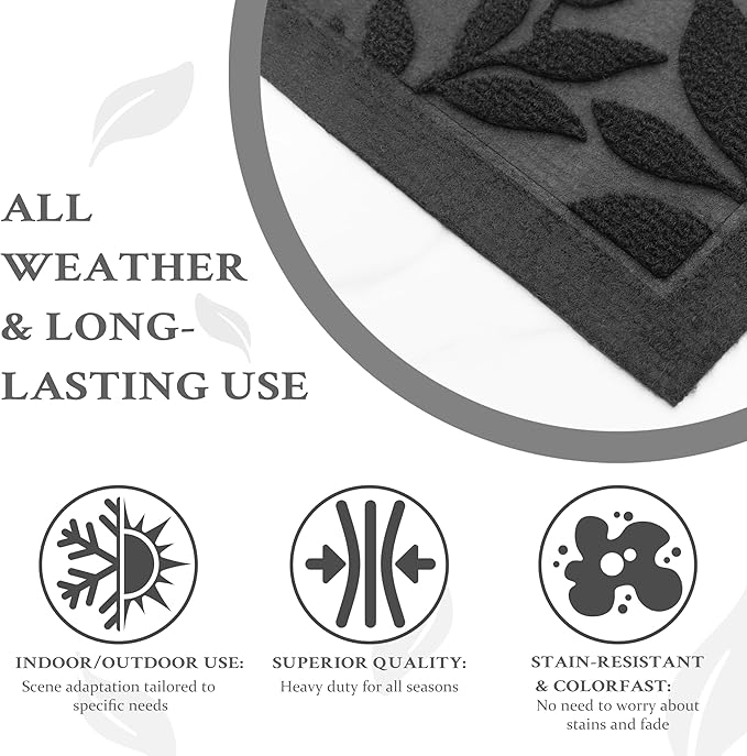 Grey Leaves Outdoor Indoor Entrance Door mat, Absorbent Durable Heavy Duty Welcome Front Door Mat,Thick Natural Rubber Back,Easy Clean Entryway Mat 47x32 Inch, Low Profile
