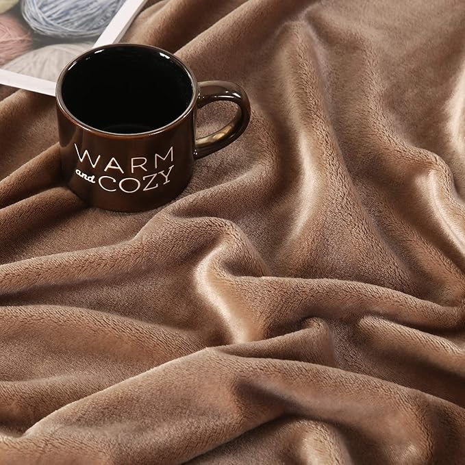 TASTHROW Large Flannel Fleece Throw Blanket, 50×70 Inch - Cozy Lightweight Thick Blanket - All Seasons Suitable for Women, Men and Kids (Two Pack, Lightcoffee)