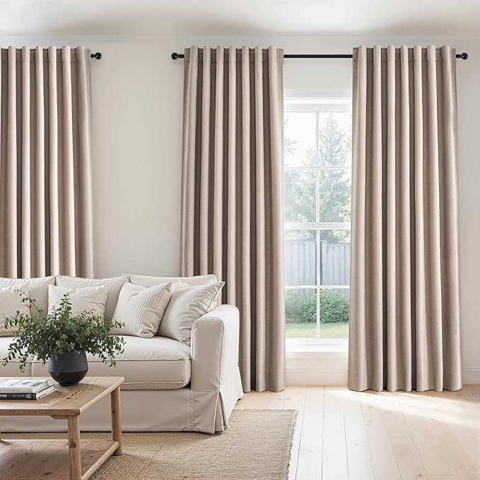 Topfinel 92 inch Long Blackout Curtains 2 Panels Set Neutral Beige Window Drapes 100% Blackout Linen Curtain with Back Tab Rod Pocket Sunlight Blocking Thermal Insulated Panel for Bedroom Living Room