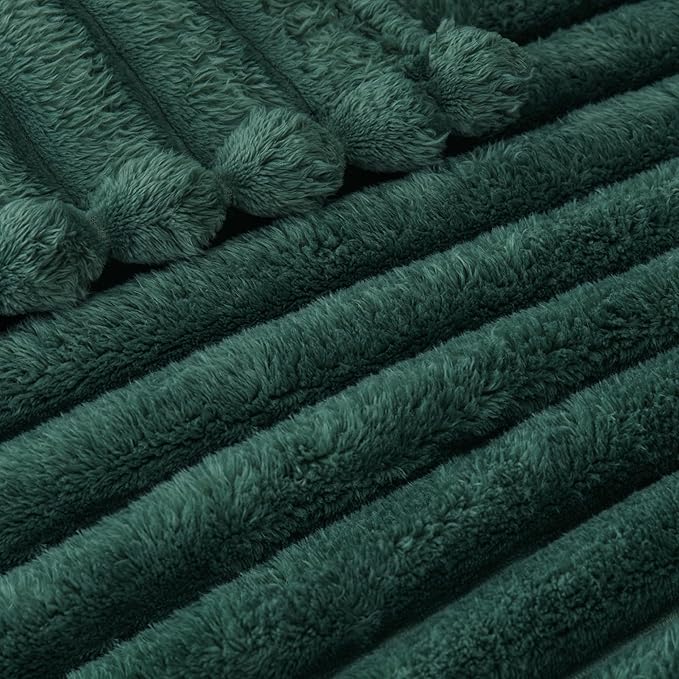 Exclusivo Mezcla Queen Size Flannel Fleece Blanket, Super Soft Striped Jacquard Bed Blanket, Lightweight Fuzzy Cozy for All Seasons, 90x90 Inches, Forest Green