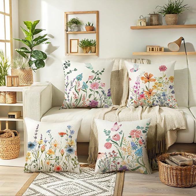 ONFAON Spring Summer Pillow Covers 20x20 Set of 4,Floral Seasonal Summer Outdoor Decoration Pillowcase Linen Cushion Cover for Couch Sofa