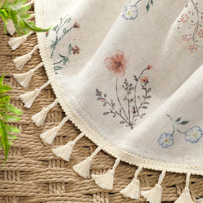Boho Floral 100% Blackout Curtains 90 Inch Length 2 Panels Set, Linen Texture Farmhouse Curtains Beige Tassel for Living Room Bedroom Vintage Rustic Patterned Printed Western Rod Pocket