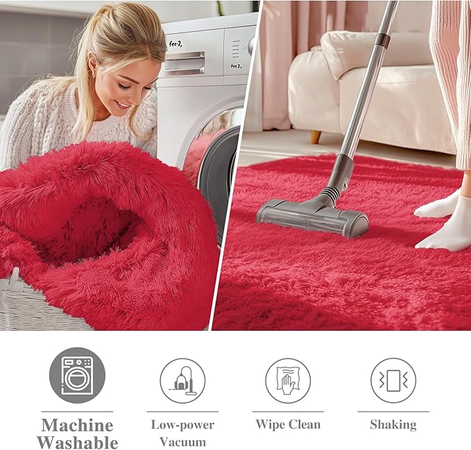 OLANLY Red Round Rugs for Bedroom - Machine Washable, 6 ft Circle Area Rugs for Living Room, Soft and Fluffy Shaggy Carpet for Teen Girls and Boys, Nursery Rooms, Dorms, Home Decor Aesthetic