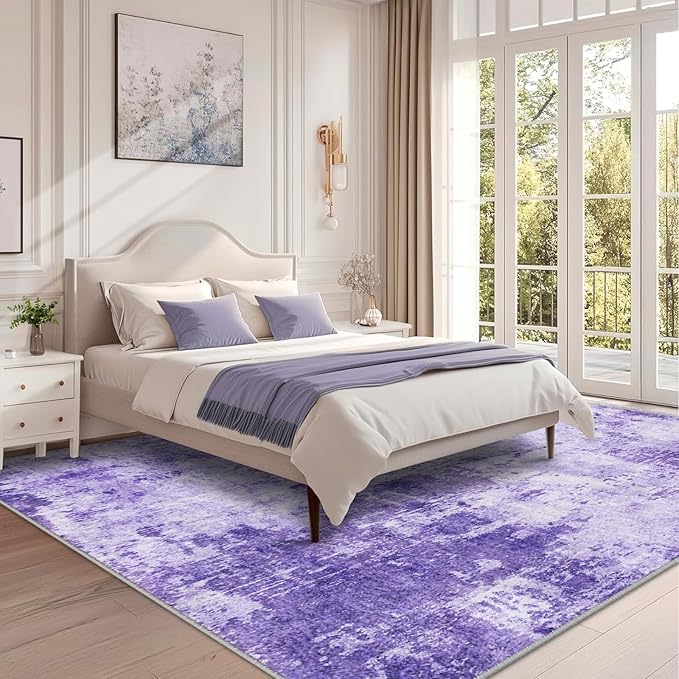 Washable Area Rugs 9'x12' Non-Slip Modern Abstract Soft for Living Room Entryway Bedroom Nursery, Print Pattern, Purple Gray Pink White