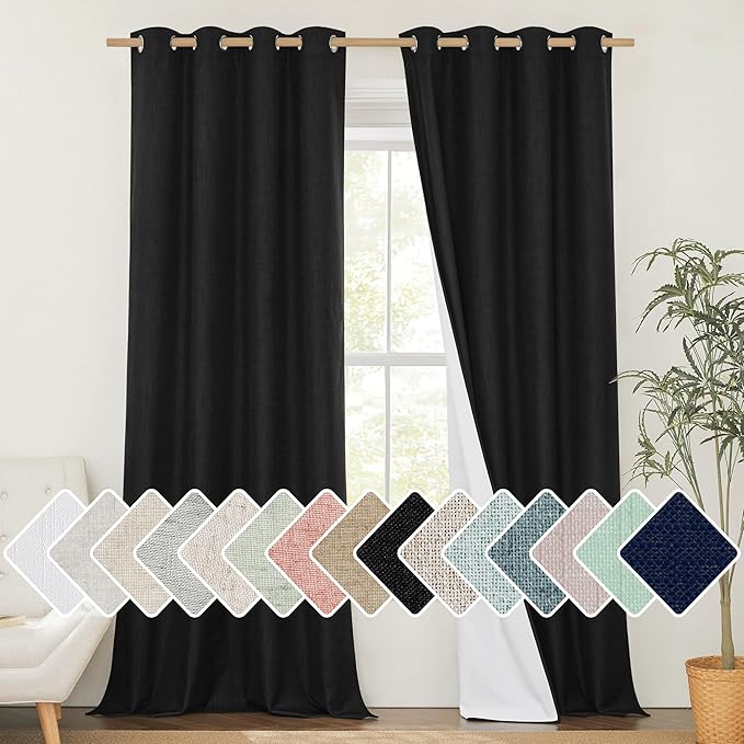NICETOWN Black Out Linen Curtains, Complete Blackout Shades for Large Window Door, 100% Blackout Window Curtain Panels with White Lined, 52 inches Width Each Panel, 95 inches Length, 2 Pieces