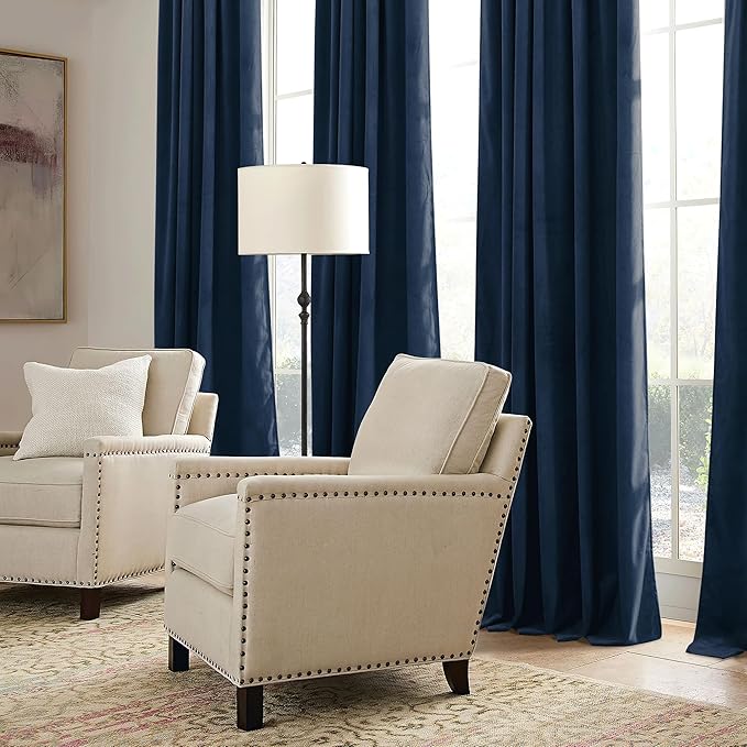 RYB HOME Navy Blue Velvet Curtains 102 inches with Hook Belt, Soft Fabric Room Darkening Thermal Insulated Luxurious Home Decor Curtains for Living Room Bedroom, W 52" x L 102", 2 Panels Set