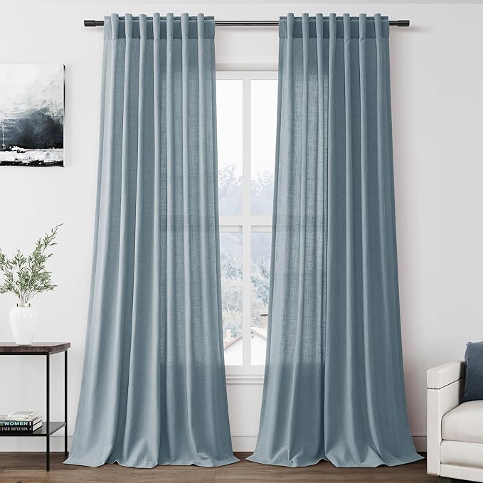 Light Blue Linen Curtains 90 Inch Long 2 Panels Set for Bedroom Living Room Soft Linen Textured Window Drapes Semi Sheer Light Filtering Rod Pocket Back Tab Cotton Textured Farmhouse Curtain 52x90