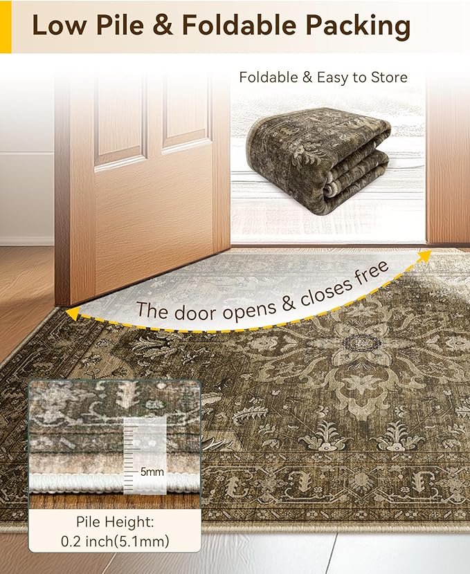 Area Rugs 5'x7' Washable Non-Slip, Floral Vintage Distress Print Pattern Medallion Carpet for Living Room Bedroom Dining Room, Brown Dark Brown
