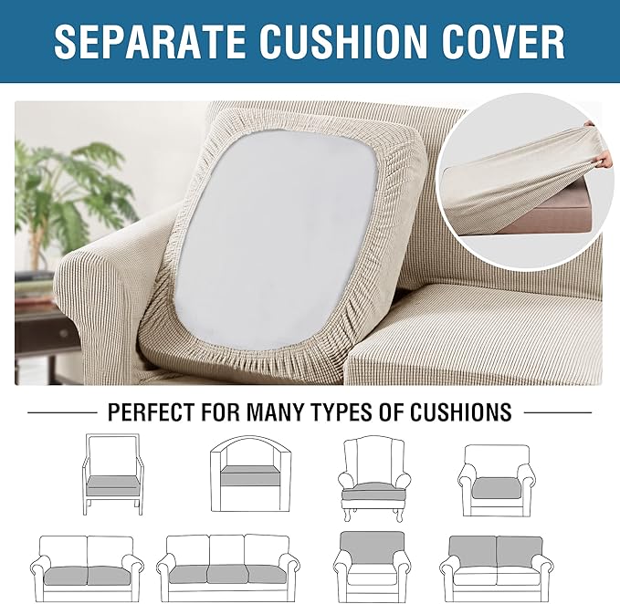 H.VERSAILTEX 4 Piece Stretch Sofa Covers for 3 Cushion Couch Covers for Living Room Furniture Slipcovers (Base Cover Plus 3 Seat Cushion Covers) Thicker Jacquard Fabric (XL Sofa, Island Fossi)