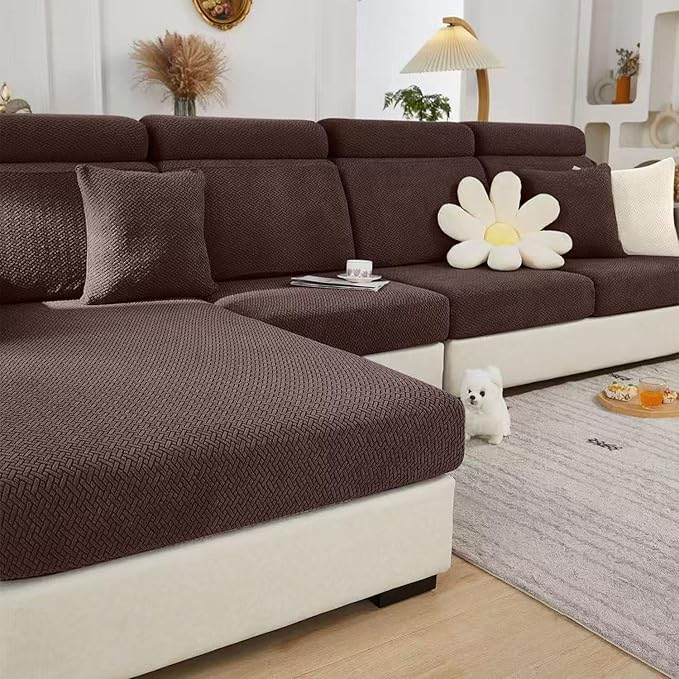 Sofa Covers Couch Covers for Sofa Pet Friendly Couch Cushion Covers Universal Sofa Covers Washable Stretch Slipcovers for Sectional Sofa (Texture Brown, 3 Seats + Chaise Cover)
