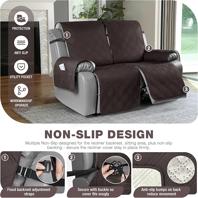 TAOCOCO 100% Waterproof Oversized Loveseat Recliner Cover, Non Slip Split Couch Covers for Reclining Loveseat with Elastic Straps for Kids Pets(Oversized 2 Seater, Coffee)
