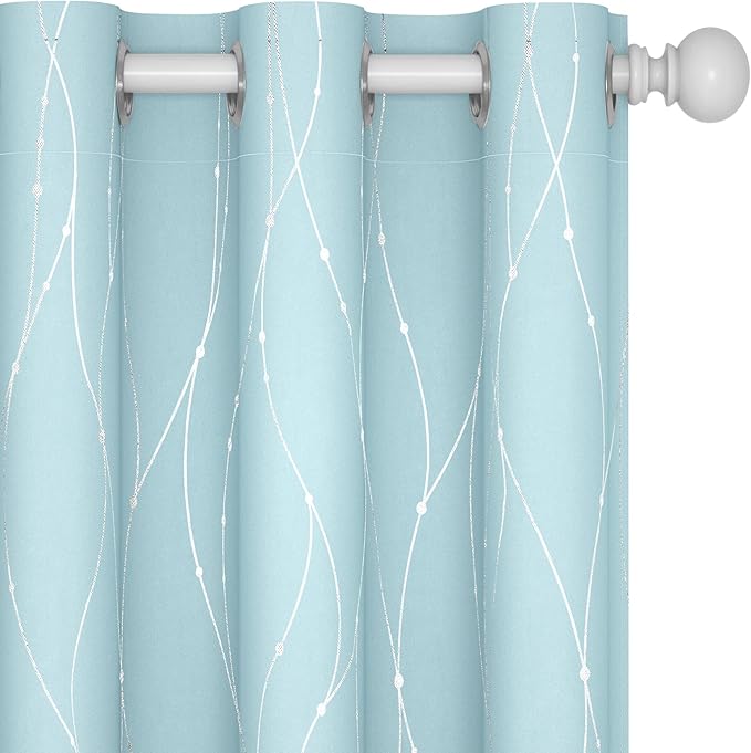 Deconovo Blackout Curtains, Thermal Insulated Soundproof Grommet Drapes, Wave Dot Foil Print, 42 x 108 Inch, Set of 2, Machine Washable Window Panel for Bedroom Living Room Nursery Kitchen, Light Blue