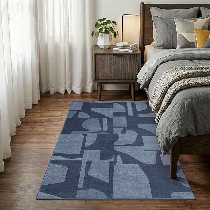 Latte&Fog 3x5 Entryway Rug Indoor, Modern Abstract Washable Area Rug, Boho Non Slip Low Pile Throw Carpet for Indoor Bedroom Bedside, Kitchen, Entry and Living Room - Navy Blue